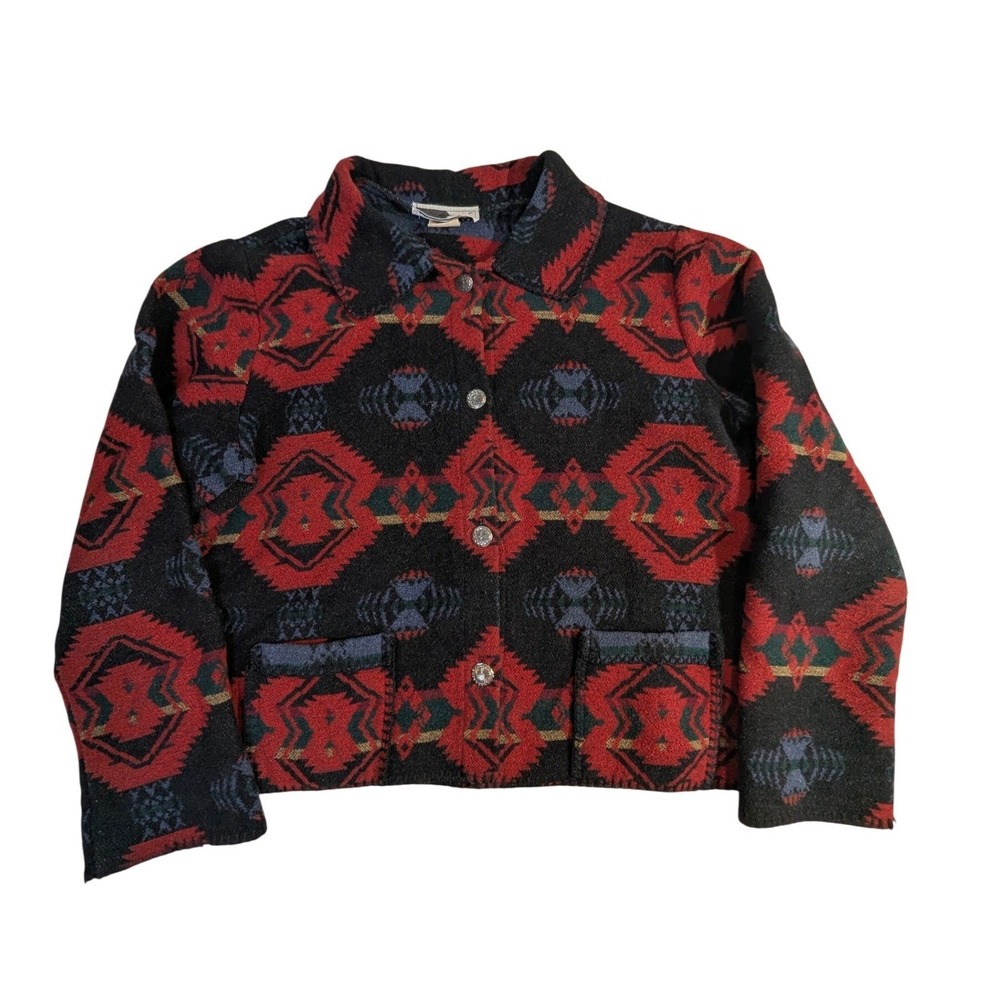 Vintage Rhonda Stark Wool‎ Jacket XL Red Black Southwestern Concho READ